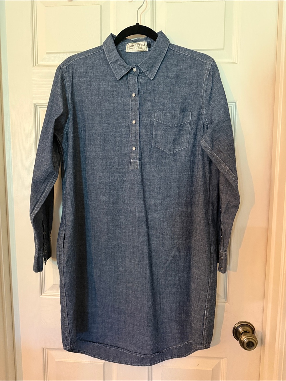 Bad Little Country Girl Chambray Shirt Dress with Pearl Snaps in Denim Blue